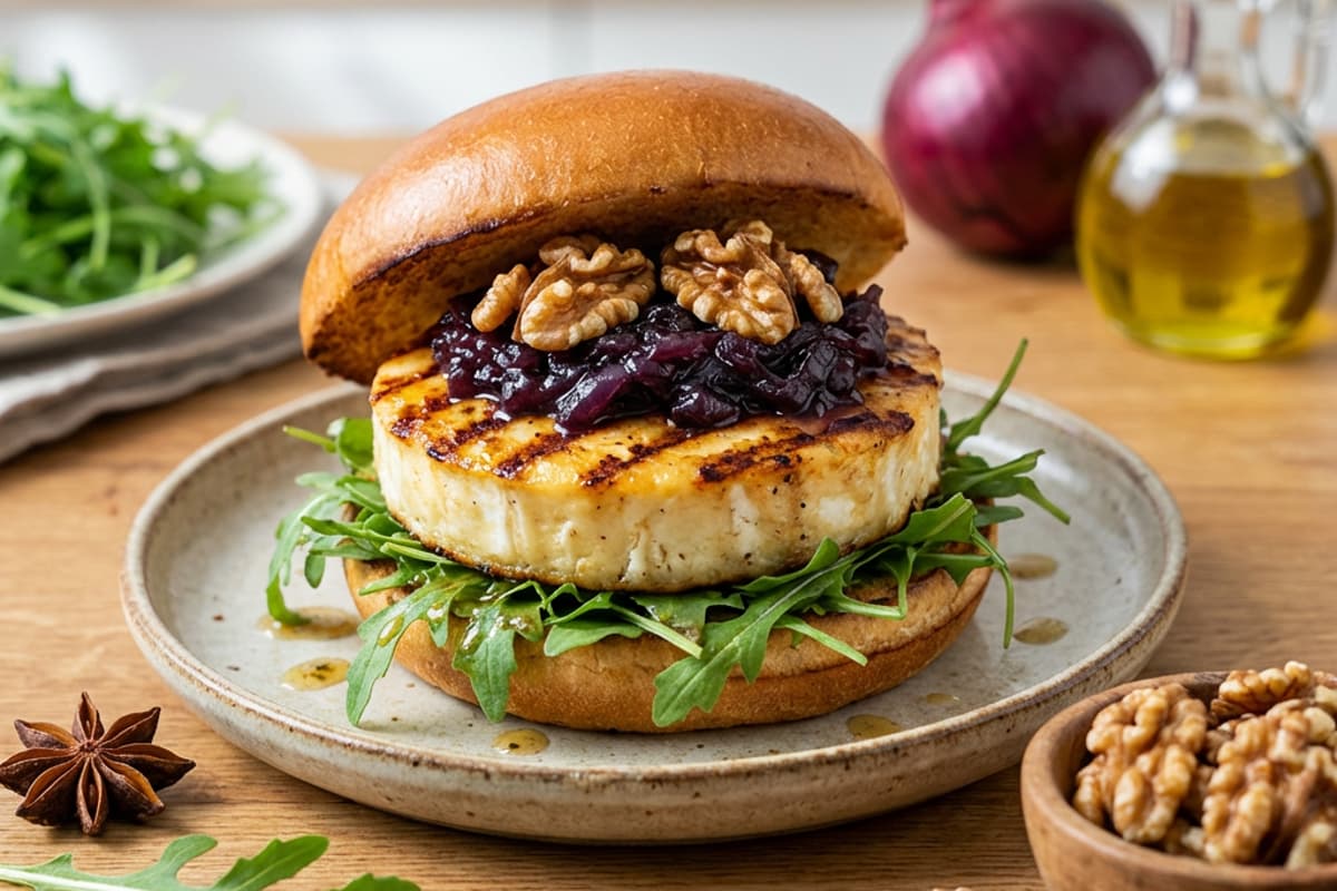 Grillezett kecskesajt burger, hagymalekvárral és pirított dióval