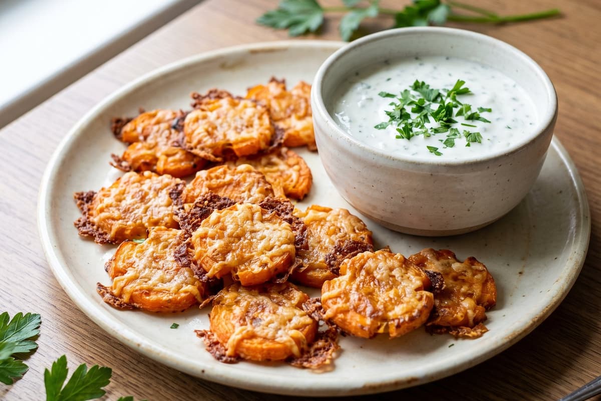 Crispy smashed carrots with parmesan and yogurt dip