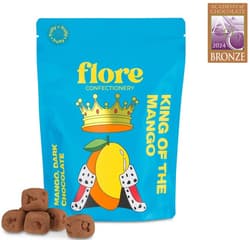 Flore Confectionery Mango King dragée: Passion fruit mango jelly, dark chocolate dragée