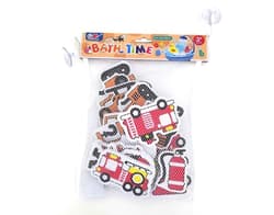 Sponge bath toy in a net, vehicles and people