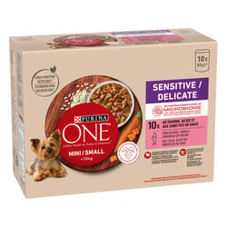 PURINA ONE MINI Sensitive/Delicate lazaccal, rizzsel és sárgarépával szószban nedves kutyaeledel