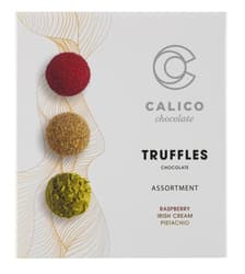 CALICO Truffles - töltött csokoládé golyó válogatás (pisztácia - málna - Ír-krémlikőr)