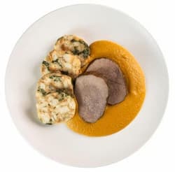 Kifli Bisztró Beef with traditional root vegetable creamy sauce ,, Svíčková,, Karslbath dumplings by Jan Bures