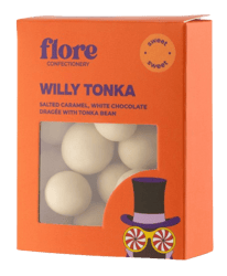 Flore Confectionery Willy Tonka dragée: caramel, white chocolate dragée with tonka bean