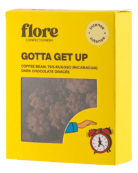 Flore Confectionery Gotta Get Up dragée: coffee bean, Rugoso drak chocolate dragée with cinnamon and cardamom