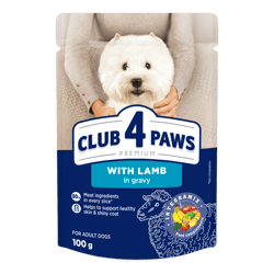 CLUB 4 PAWS Premium "With lamb in gravy". Complete canned pet food for adult dogs of small breeds, 0,1 kg