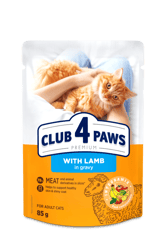 CLUB 4 PAWS Premium "With lamb in gravy". Сomplete canned pet food for adult cats, 0,085 kg
