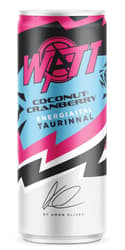 Watt x Ámon Olivér Coconut and cranberry-flavored carbonated energy drink with caffeine, taurine and vitamins.
