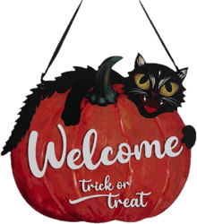 Fa akasztós kopogtató Welcome Tök & macska 20x26