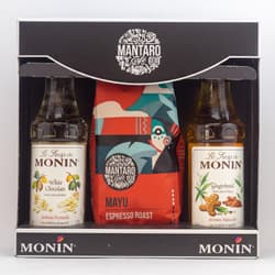 Monin Fehércsokoládé és Mézeskalács szirup (2 x 250 ml) és Mantaro Mayu Espresso Roast szemes kávé (225 g)