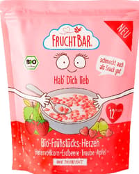 Fruchtbar BIO Hab' Dich Lieb Reggeli szívecskék teljes kiőrlésű zab, eper, szőlő, alma 12 hónapos kortól