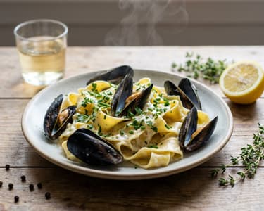 Pappardelle with mascarpone and parsley black mussels