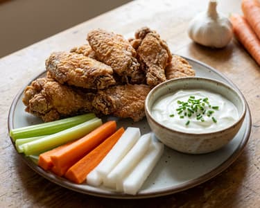 Roasted chicken wings with raw vegetables and sour cream