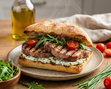 Grilled sous vide pork neck ciabatta with chive cream cheese