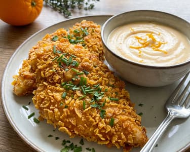 Gluten-free, cornflake-crusted fried meat with orange sauce