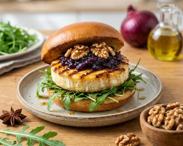 Grilled Goat Cheese Burger with Onion Jam and Toasted Walnuts