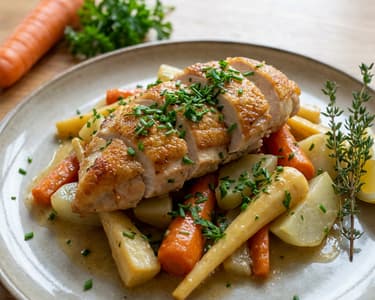 Pan-fried chicken supreme with skin, with autumn vegetable stew
