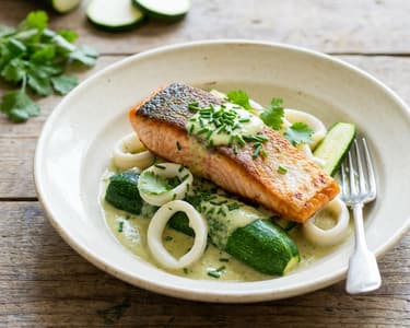 Salmon fillet with buttery zucchini and calamari rings
