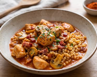 Chicken stew with roasted mushrooms and tarhonya