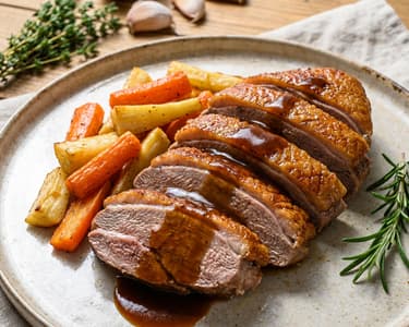 Fattened goose breast pan-seared rosé, with oven-roasted vegetables and pan juices