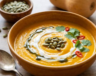 Vegan Coconut Pumpkin Cream Soup with Toasted Pumpkin Seeds