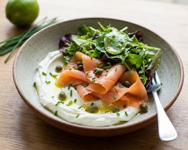 Smoked salmon salad, homemade labneh