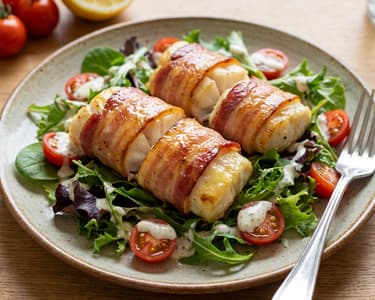 Cod fillet wrapped in bacon with spring salad