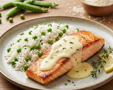 Grilled salmon with rice and peas and creamy lemon sauce