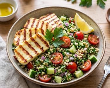 Grilled halloumi cheese with tabbouleh