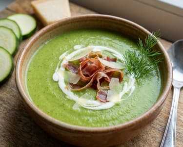 Zucchini soup with ham, Parmesan