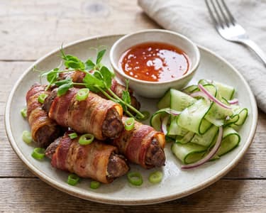 Bacon-wrapped chicken liver with sweet chili and marinated cucumber