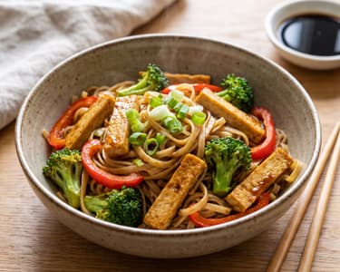 Stir-fried rice noodles with tofu and vegetables
