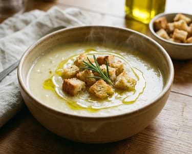 Potato cream soup with rosemary and croutons