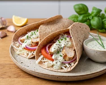 Tortilla zöldfűszeres öntettel és csirkével