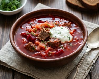 Traditional Borscht Soup with Beef and Beetroot