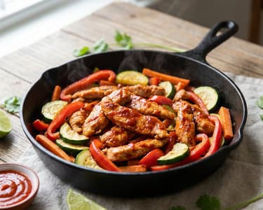 Spicy Turkey Strips with Sriracha Sauce and Vegetables