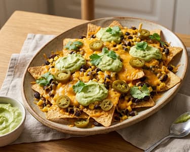 Baked Nacho Platter with Avocado Dip and Beans