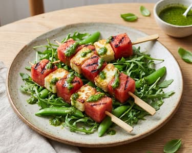 Grillezett dinnye Halloumi sajttal és cukorborsóval