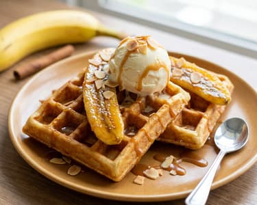 Waffles with caramelized bananas and vanilla ice cream