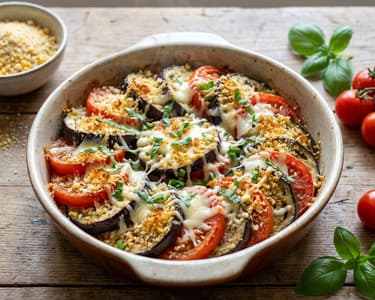 Sült padlizsán paradicsommal és parmezános morzsával