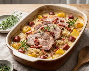 Roasted pork shoulder with cabbage and potatoes