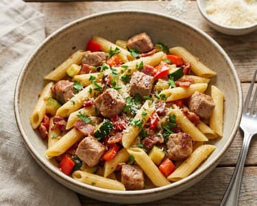 Penne sertéshússal és zöldségekkel