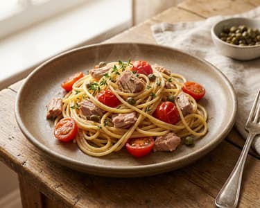 Tonhalas spagetti koktélparadicsommal és kapribogyóval