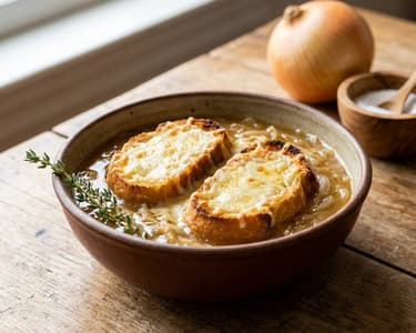 French onion soup with cheesy croutons