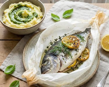 Gilt-head bream baked in parchment paper with mashed potatoes and basil pesto