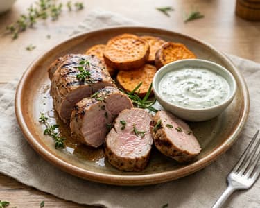 Grillezett szűzpecsenye édesburgonyával és mártogatóssal