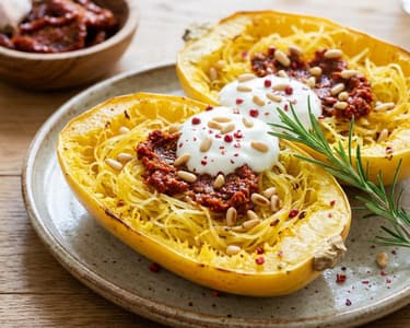 Spagetti tök crème fraîche-sel és aszalt paradicsomos pestóval