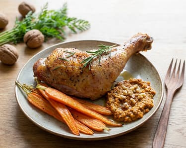 Roasted turkey thigh with carrots and carrot greens pesto