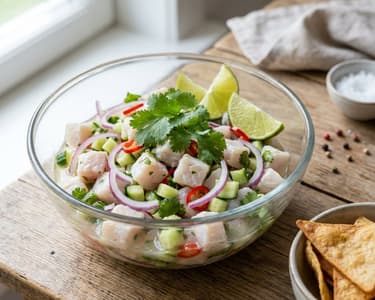 Branzino ceviche lime-mal, lilahagymával és friss chilivel