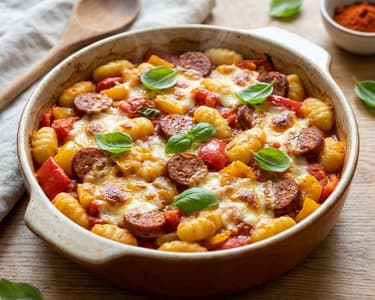 Sült lecsós gnocchi kolbásszal és mozzarellával